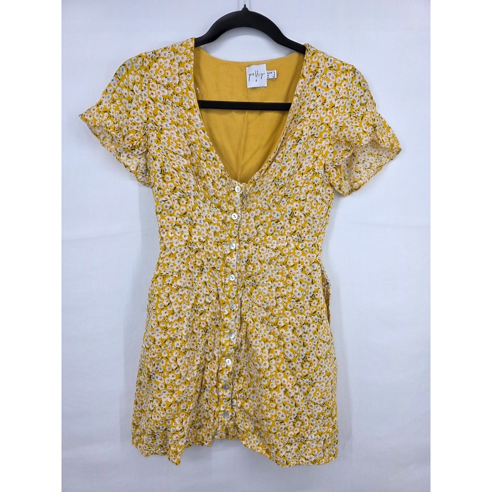 Princess Polly Yellow Floral Button Down Mini Dress V-Neck Short Sleeve Size 0
